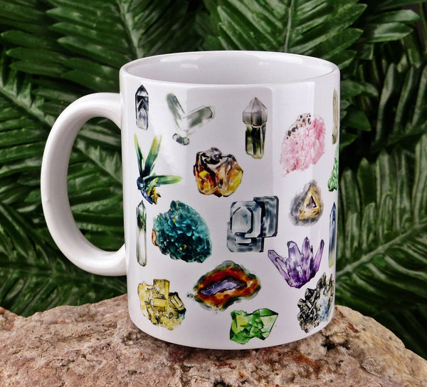 Amazing 11oz White Ceramic Mug with Hand Drawn Crystals and Minerals, Minerals, Crystals, Pyrite, Quartz,  Cerussite, Aquamarine, Amethyst