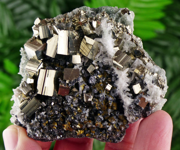 Quartz with Chalcopyrite, Sphalerite and Big Pyrite Cubes, Raw Crystal, Natural Mineral, Spirituality Crystal, Mineral Specimen B1592