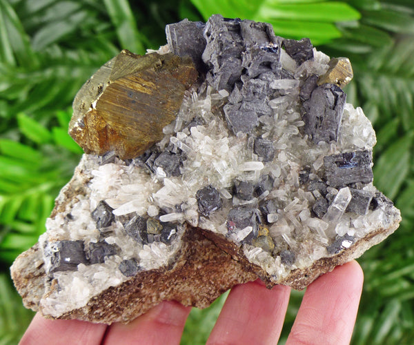 Amazing Quartz with Skeletal Galena and Big Chalcopyrite Crystal, Raw Crystal, Natural Mineral, Spirituality Crystal, Mineral Specimen B1729