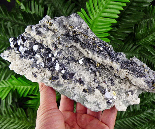 Amazing Big Shiny Galena Crystals with Chalcopyrite, Quartz and Snow-White Calcite, Raw Crystal, Natural Mineral, Mineral Specimen B3559