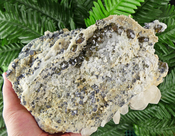 Museum Big Gem Sphalerite var. Cleiophane with Quartz, Galena and Fluorescent Calcite on Back Side, Raw Crystal, Natural Mineral